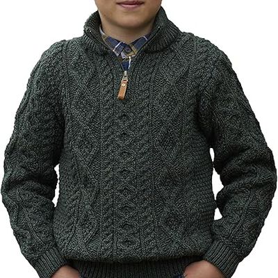 Kid's Zip Neck Aran 100% Merino Wool Sweater